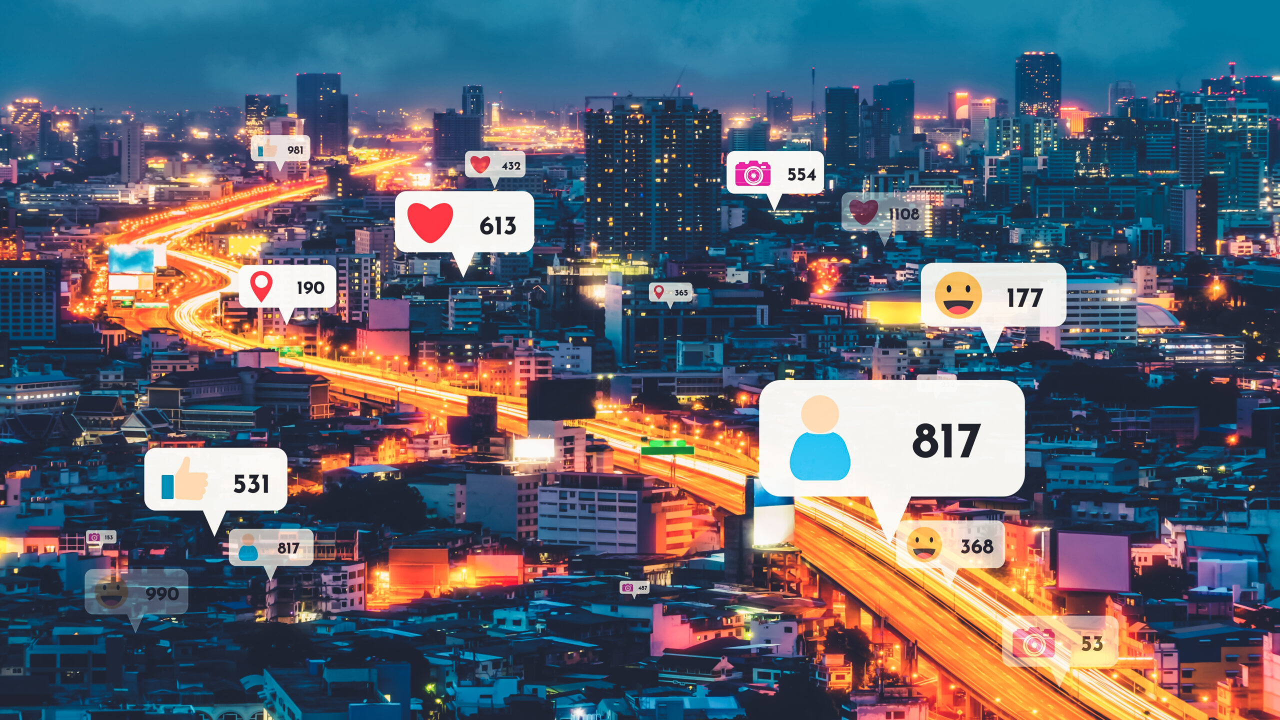 Social media icons fly over city downtown showing people reciprocity connection